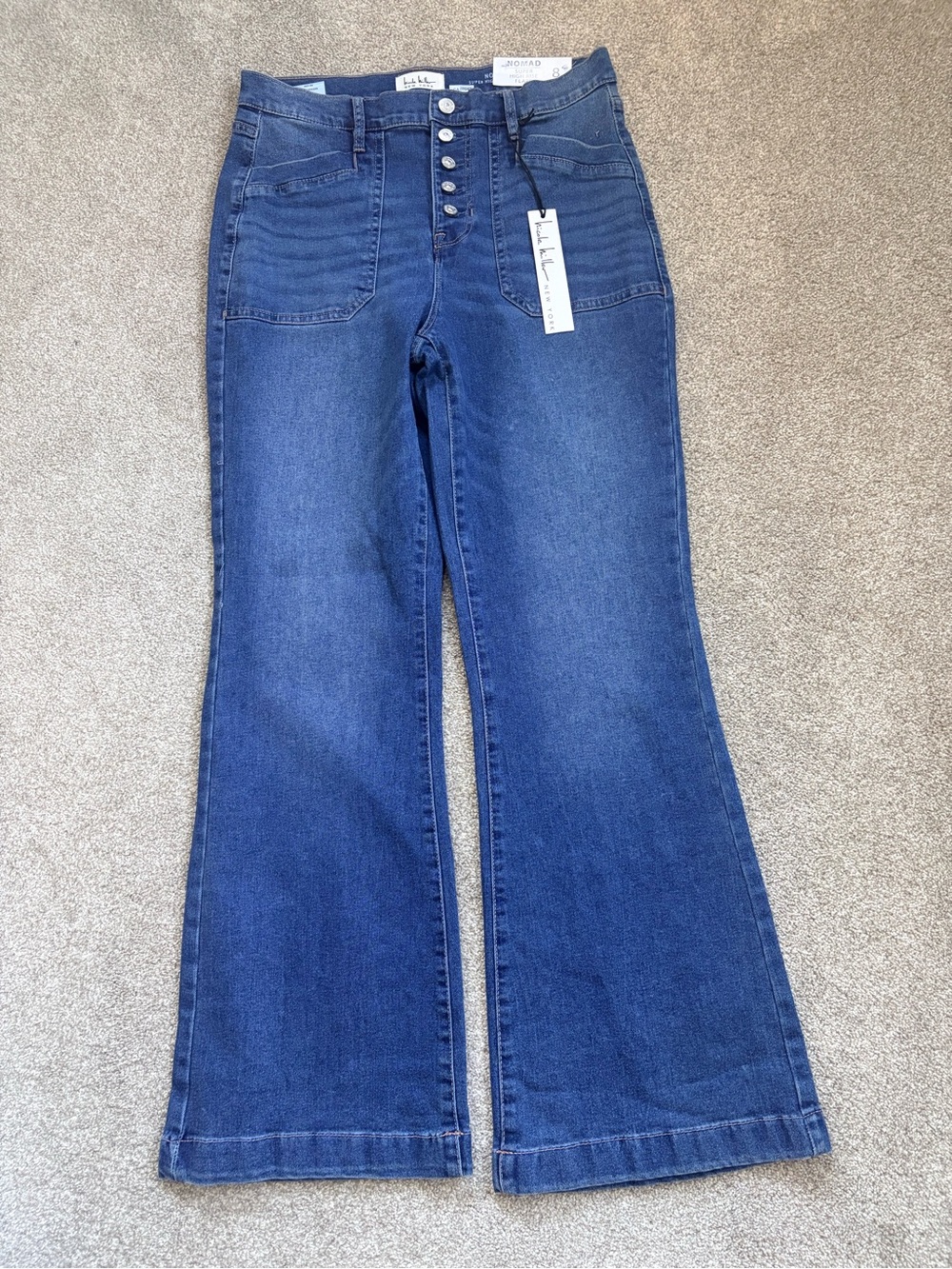 Nicole Miller New York High-Rise Button-Fly Flare Jeans — Medium Blue
